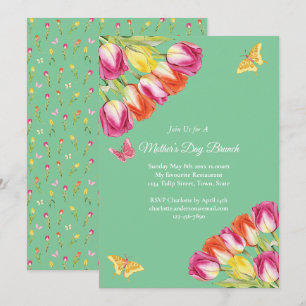 Pink Tulips & Butterfly Mother’s Day Brunch Green Invitation