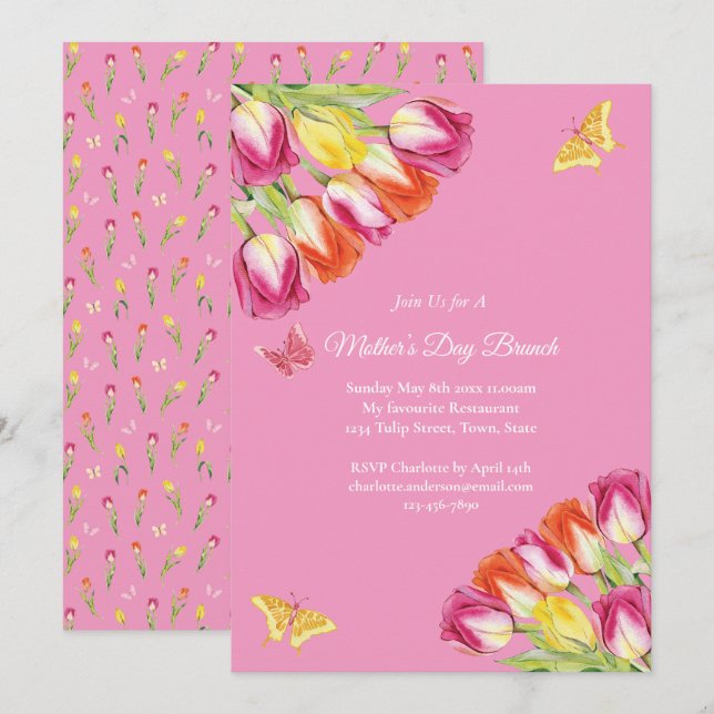 Pink Tulips & Butterfly Mother’s Day Brunch Pink Invitation (Front/Back)