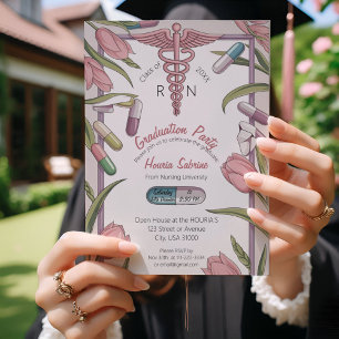 Pink Tulips & Capsules Nurse Graduation invitation