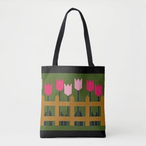 Pink Tulips Fence Green Artisan Crochet Print      Tote Bag