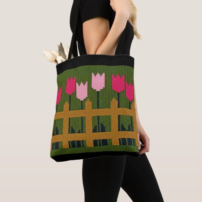 Pink Tulips Fence Green Artisan Crochet Print      Tote Bag (Close Up)