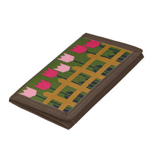 Pink Tulips Fence Green Artisan Crochet Print Tri-fold Wallet