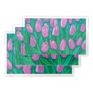 Pink Tulips Field, Spring Flowers Floral Painting Acrylic Tray