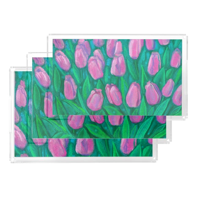 Pink Tulips Field, Spring Flowers Floral Painting Acrylic Tray (Set)