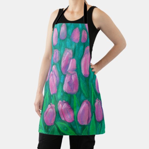 Pink Tulips Field Spring Flowers Floral Painting Apron