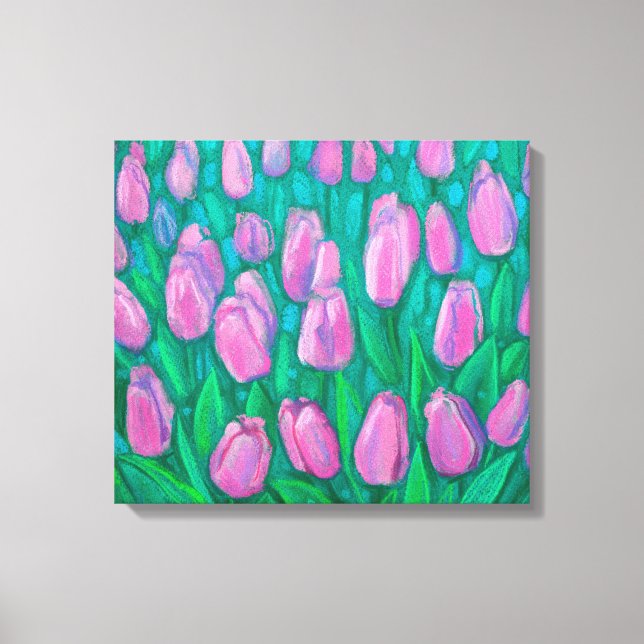 Pink Tulips Field, Spring Flowers Floral Painting  Canvas Print (Front)