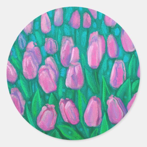Pink Tulips Field Spring Flowers Floral Painting  Classic Round Sticker