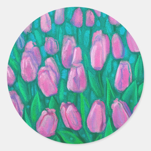 Pink Tulips Field, Spring Flowers Floral Painting  Classic Round Sticker (Front)