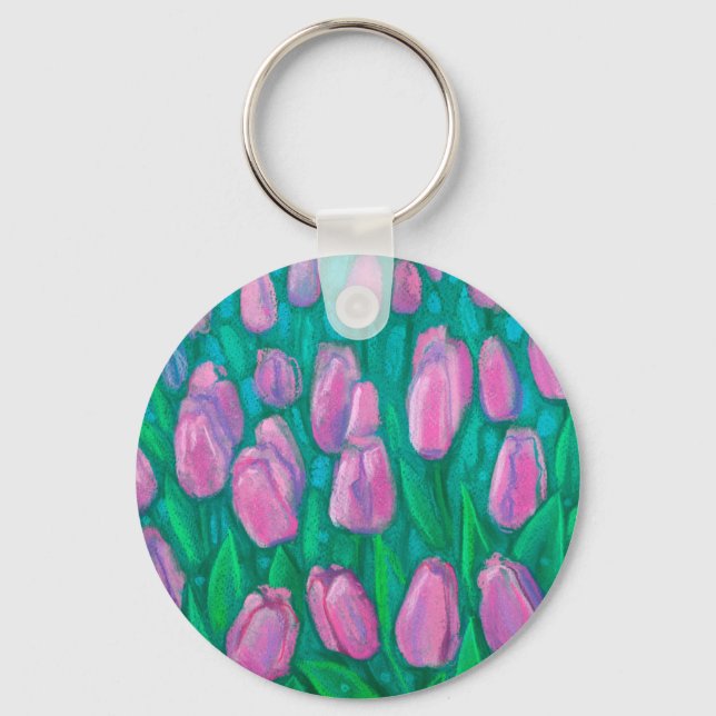 Pink Tulips Field, Spring Flowers Floral Painting  Keychain (Front)