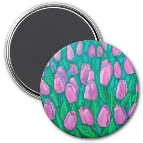 Pink Tulips Field Spring Flowers Floral Painting  Magnet