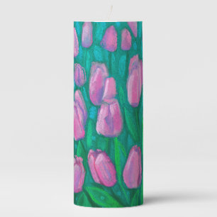 Pink Tulips Field, Spring Flowers Floral Painting  Pillar Candle