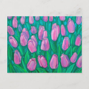 Pink Tulips Field, Spring Flowers Floral Painting Postcard