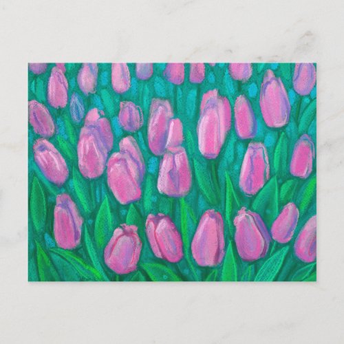 Pink Tulips Field Spring Flowers Floral Painting Postcard
