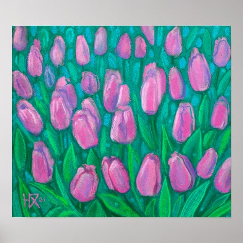Pink Tulips Field Spring Flowers Floral Painting Poster