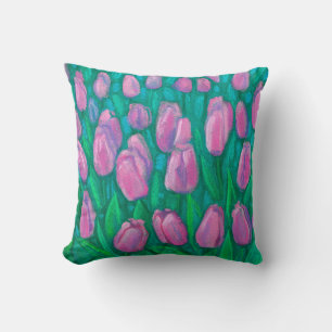 Pink Tulips Field, Spring Flowers Floral Painting Throw Pillow
