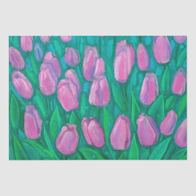 Pink Tulips Field, Spring Flowers Floral Painting  Tissue Paper (Front)