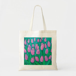 Pink Tulips Field, Spring Flowers Floral Painting Tote Bag