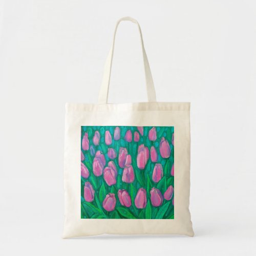 Pink Tulips Field Spring Flowers Floral Painting Tote Bag