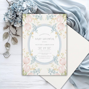 Pink Tulips Floral Blue Vintage Baby Shower Invitation