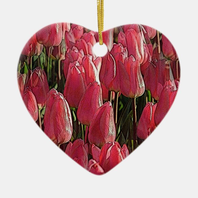 Pink Tulips Floral Ceramic Ornament (Front)