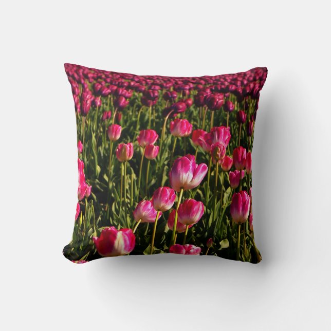 Pink tulips, floral, garden, flowers, pink & green throw pillow (Front)