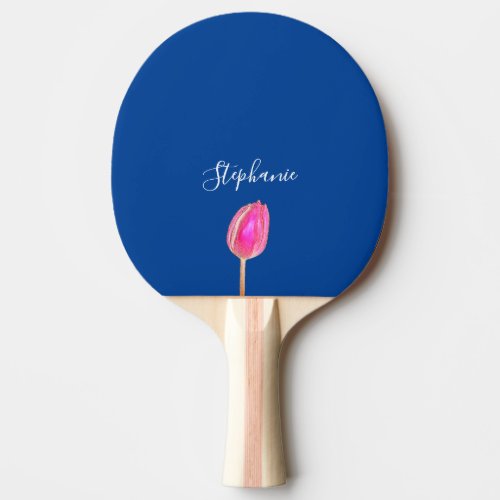 Pink Tulips Floral Monogram Name Blue Girly Ping Pong Paddle