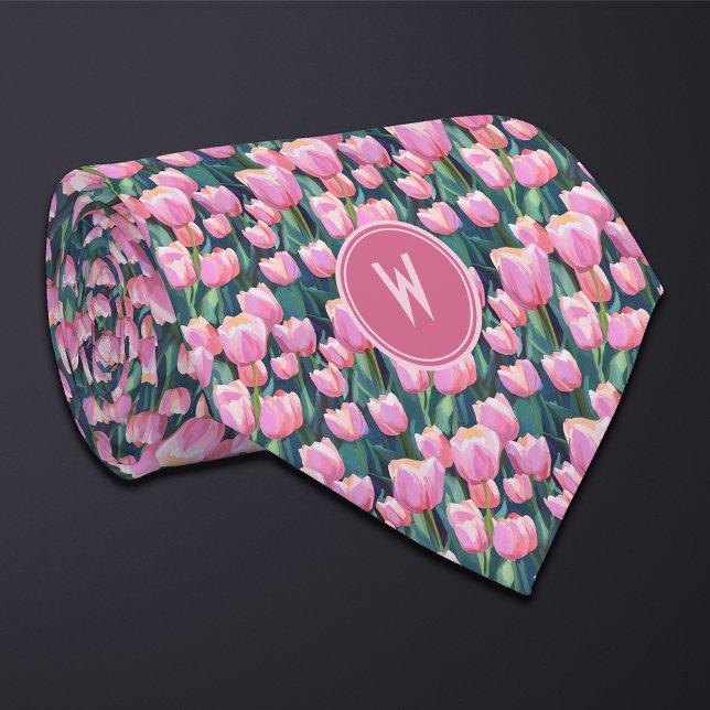 Pink Tulips Floral  Neck Tie (Creator Uploaded)