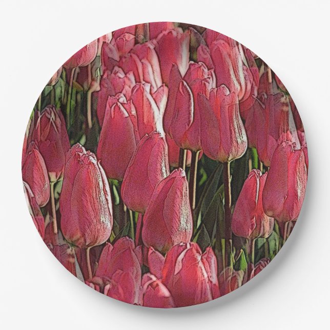 Pink Tulips Floral Paper Plates (Front)
