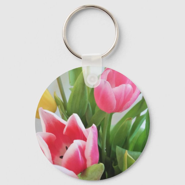 Pink Tulips, Floral Spring Bouquet, Flowers Keychain (Front)