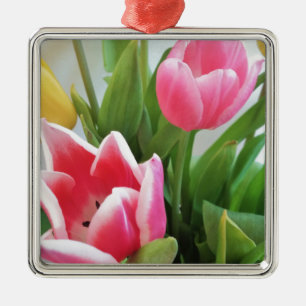 Pink Tulips, Floral Spring Bouquet, Flowers Metal Ornament