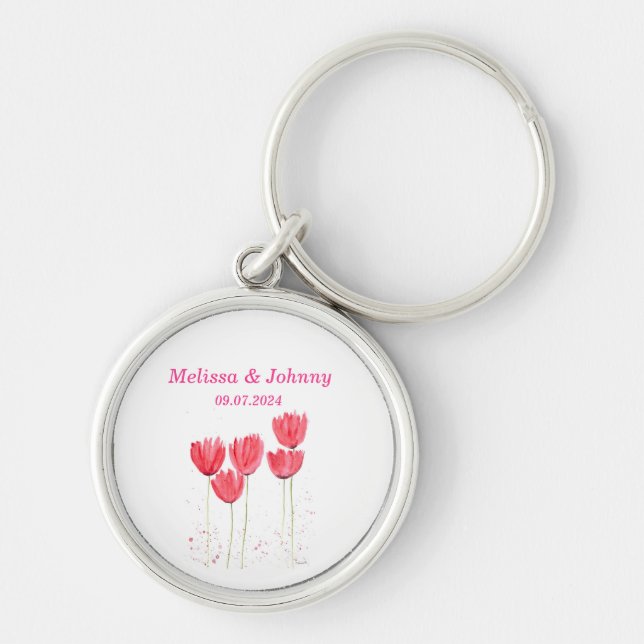 Pink Tulips floral watercolor elegant Wedding Keychain (Front)