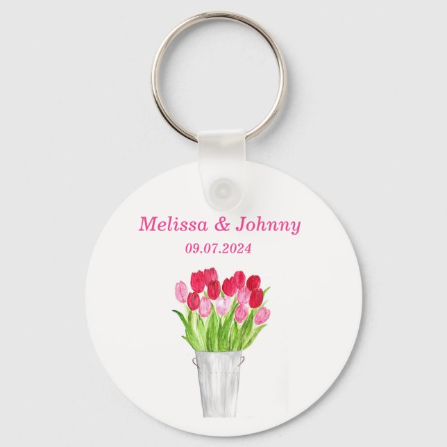 Pink Tulips floral watercolor elegant Wedding  Keychain (Front)