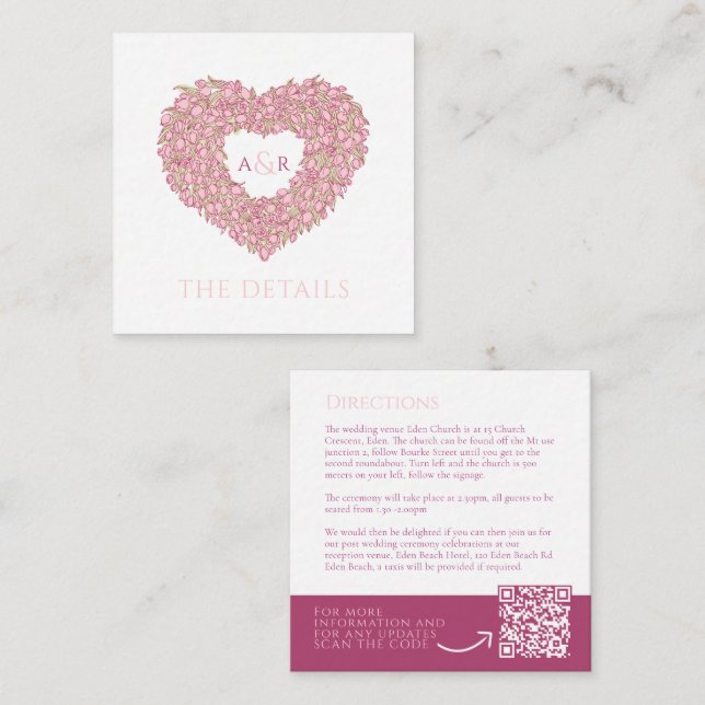 Pink tulips floral wedding details QR code Enclosure Card (Front/Back)
