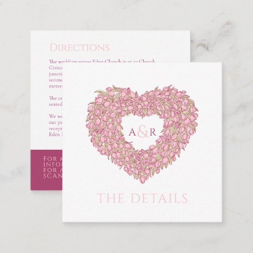 Pink tulips floral wedding details QR code Enclosure Card