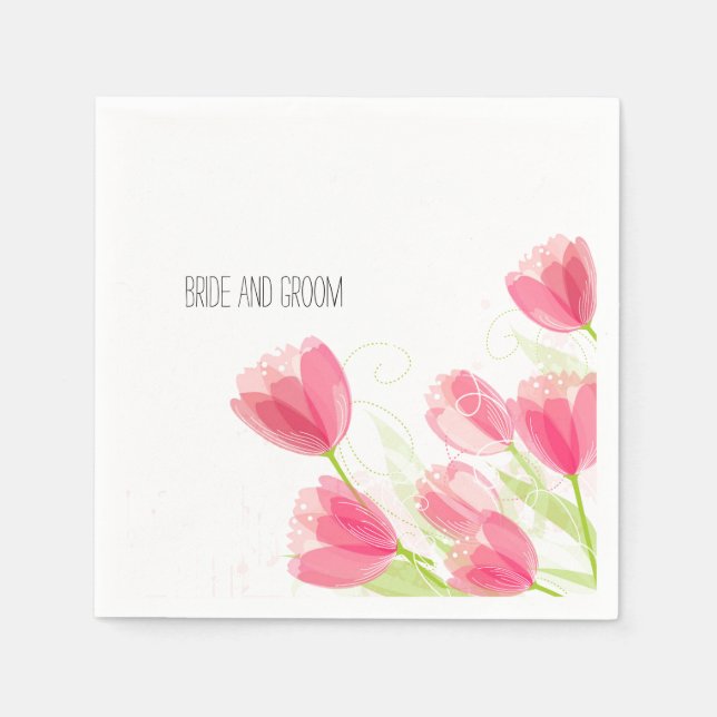 Pink Tulips Floral Wedding Paper Napkins (Front)