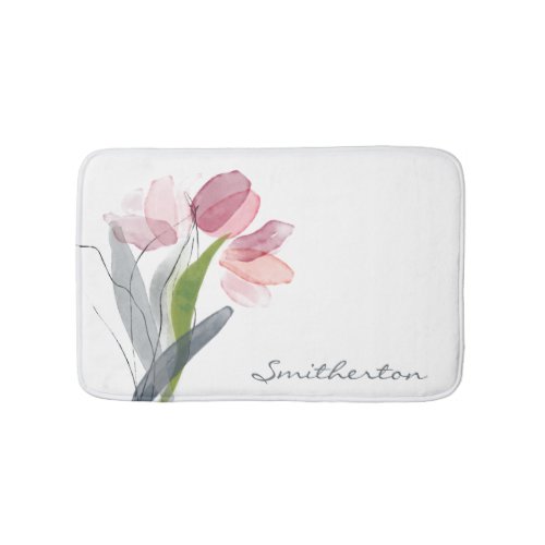 Pink Tulips Green Leaves White Family Name Bath Mat