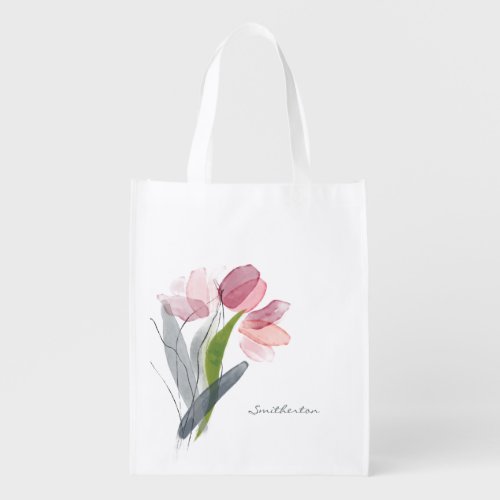 Pink Tulips Green Leaves White Your Name Grocery Bag