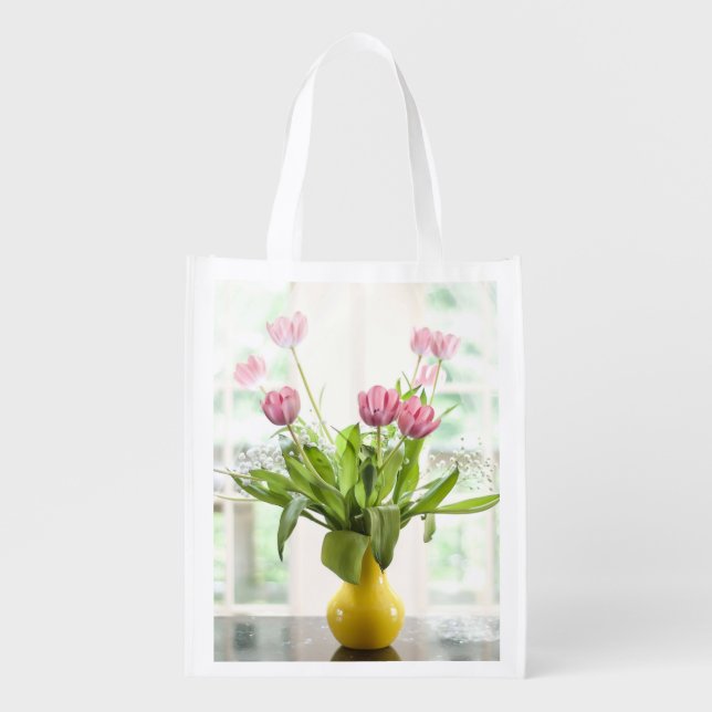 Pink Tulips Grocery Bag (Front)