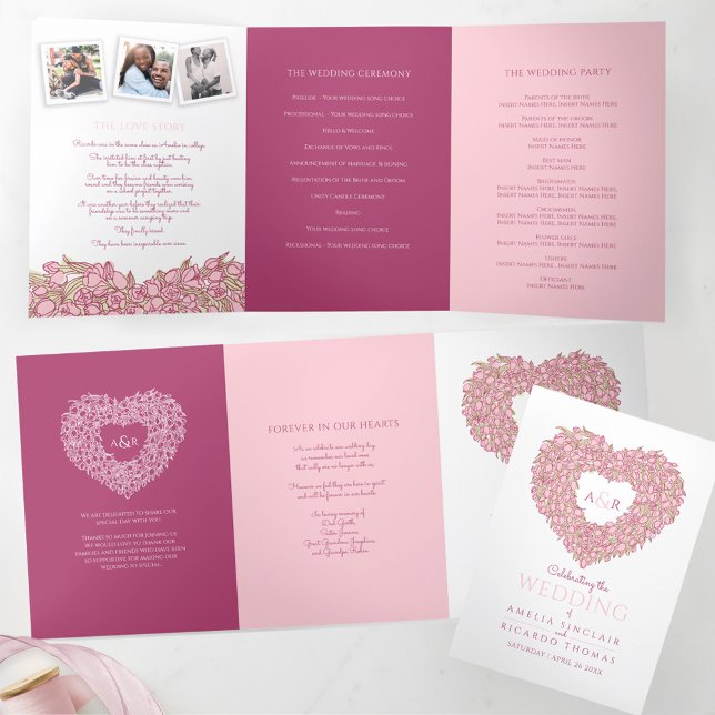 Pink tulips heart floral story dedication wedding Tri-Fold program (Creator Uploaded)
