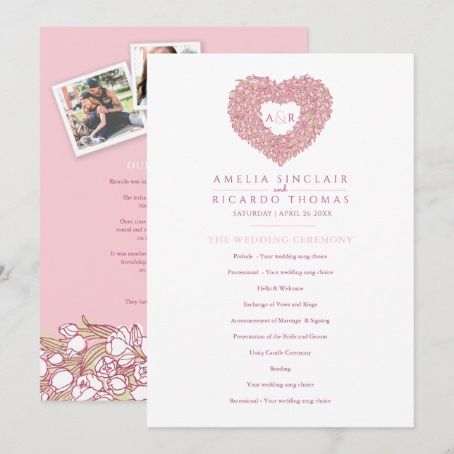 Pink tulips heart love story ceremony wedding program (Front/Back)