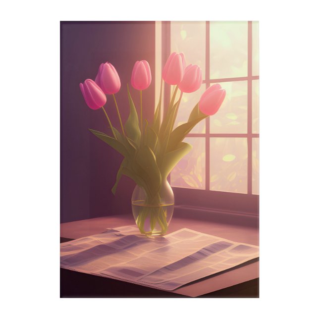 Pink Tulips in a Bright Interior Acrylic Print (Front)