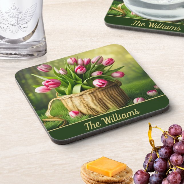 Pink Tulips in Basket  Beverage Coaster (Creator Uploaded)