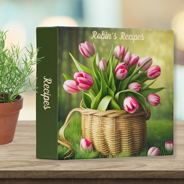 Pink Tulips in Basket Monogram Recipe 3 Ring Bind Binder (Creator Uploaded)