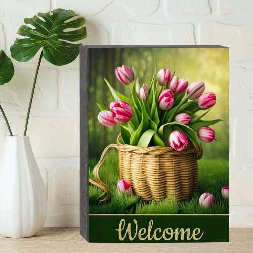 Pink Tulips in Basket Welcome Wooden Box Sign