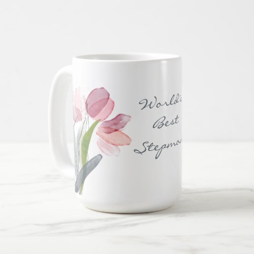 Pink Tulips Leaves White Worlds Best Stepmom Coffee Mug