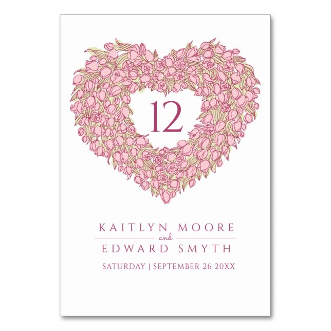 Pink tulips monogram wedding custom table number (Front)