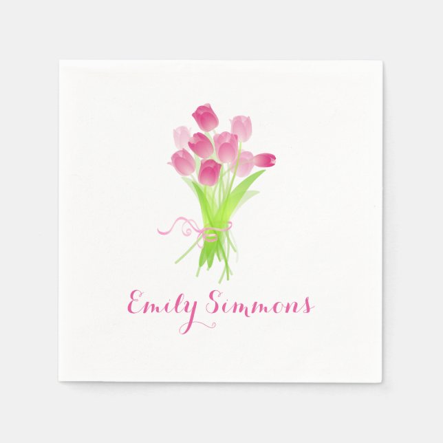 Pink Tulips & Name - Cocktail Napkin (Front)