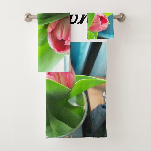 Pink tulips on a bathroom towel set (Insitu)