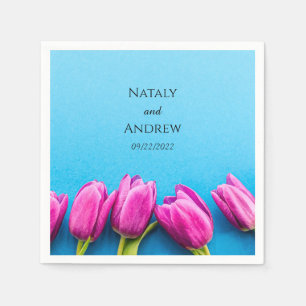 Pink tulips on a blue background napkins