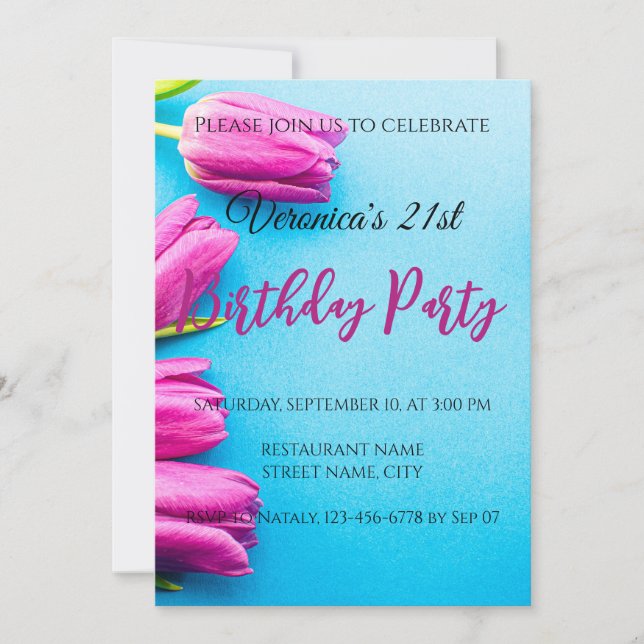 Pink tulips on a blue invitation (Front)